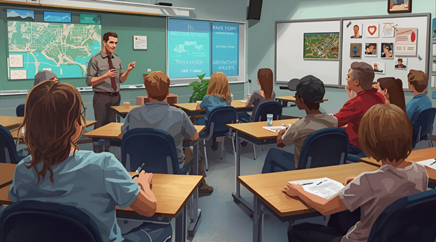 Defensive driving instructor teaching students modern road safety techniques